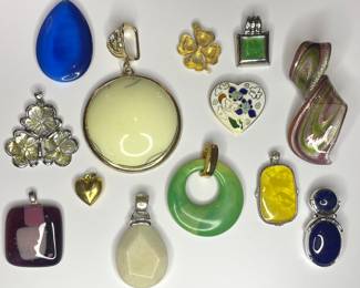 Vintage & modern pendants includes sterling, Trifari, cloisonné