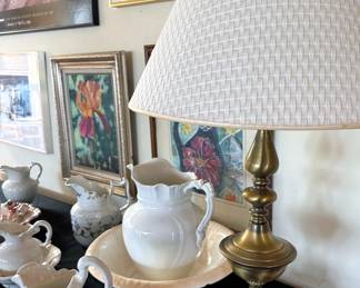 Brass lamp, wash basins + pitchers