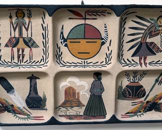 Southwest art: Kachinas (eagle, antelope, mouse, crow mother) including wooden piece from J. Guy; sandpaintings, Pueblo pottery, ceremonial staffs, bows + arrows