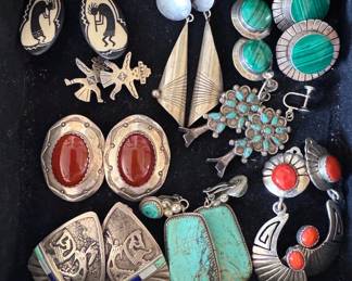 Large assortment of Native American jewelry: necklaces, pendants, bracelets, rings, earrings (mostly clip on)