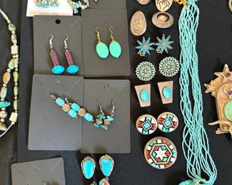 Large assortment of Native American jewelry: necklaces, pendants, bracelets, rings, earrings (mostly clip on)