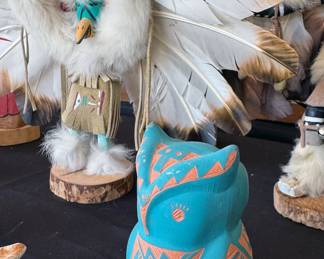 Southwest art: Kachinas (eagle, antelope, mouse, crow mother) including wooden piece from J. Guy; sandpaintings, Pueblo pottery, ceremonial staffs, bows + arrows