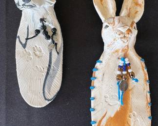 Southwest art: Kachinas (eagle, antelope, mouse, crow mother) including wooden piece from J. Guy; sandpaintings, Pueblo pottery, ceremonial staffs, bows + arrows
