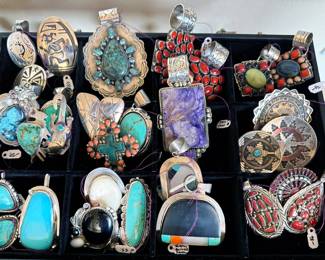 Large assortment of Native American jewelry: necklaces, pendants, bracelets, rings, earrings (mostly clip on)