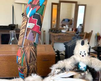 Southwest art: Kachinas (eagle, antelope, mouse, crow mother) including wooden piece from J. Guy; sandpaintings, Pueblo pottery, ceremonial staffs, bows + arrows