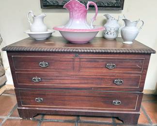 Cedar chest, wash basins + pitchers