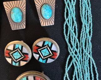 Large assortment of Native American jewelry: necklaces, pendants, bracelets, rings, earrings (mostly clip on)