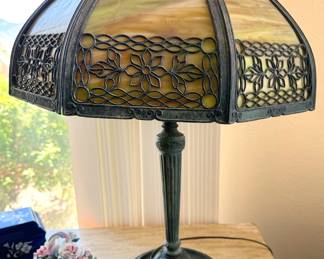 1920s caramel slag glass lamp with metal overlay