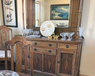 Round dining table + chairs, buffet, cut crystal
