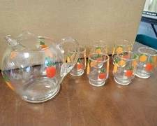 Vintage 1940s Pitcher and Juice Glass Set, All Adorned with Hand Painted Designs of Carrots, Tomatoes