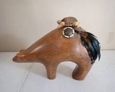 Native American Zuni Bear Fetish Carving, Wood with turtle carving on its back and feather and beads