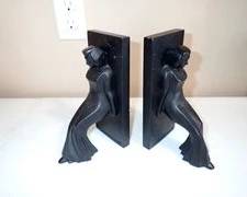 Chris Collicott for Kirkland, Leaning Woman Bookends, Black Matte, Art Deco, Lady in Evening Gown