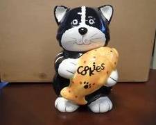 Vintage 1960s Black Striped Cat Holding Fish Cookie Jar, Montgomery Ward