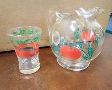 MidCentury Tomato Glass Pitcher with Ice Catcher and One Matching Juice Glass