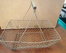 Primitive Woven Wire Mesh Basket with Wood Handle, Rustic Farmhouse
