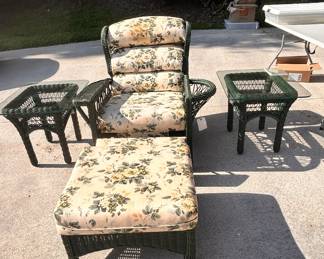 Wicker recliner, ottoman and two side tables
