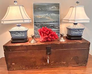 Original art and pair of blue & white lamps