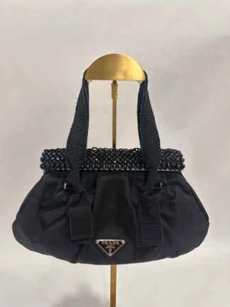AUTHENTIC Prada Black Satin Evening Bag with Beaded Detailing Ribbon Straps