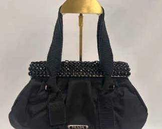 AUTHENTIC Prada Black Satin Evening Bag with Beaded Detailing Ribbon Straps