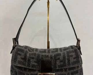 AUTHENTIC Fendi FF Pattern Wool Baguette Bag Gray Monogram Jacquard with Black Leather Strap