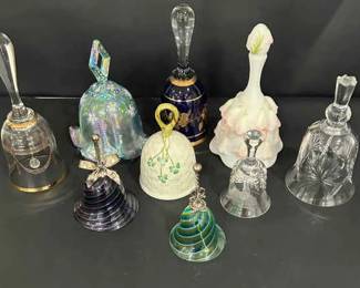 Collection of 9 Vintage and Art Glass Decorative Bells Murano, Bohemia, Fenton More