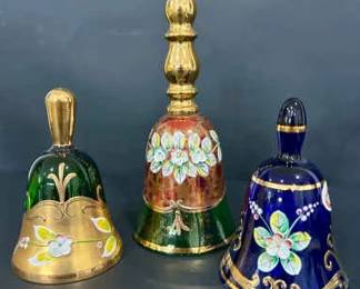 Set of 3 HandPainted Bohemian Art Glass Bells with Gold Detailing