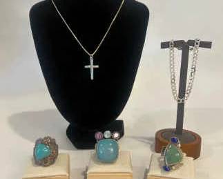 Sterling Silver Jewelry Set Opal Cross Necklace, Italian Bracelet, Artisan Rings