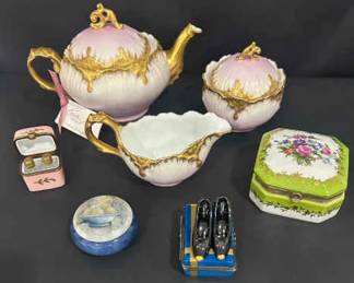 Collection of Limoges France Porcelain Decorative Trinket Boxes and a Beautiful Tea Set.
