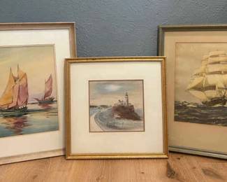 3 Framed Nautical Prints Sailboats, Lighthouse, and Tall Ship