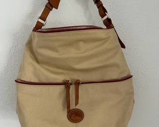 Dooney Bourke Beige Canvas Hobo Bag with Leather Trim Red Interior