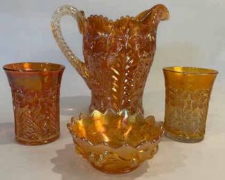 Fenton Marigold Carnival Glass Water Set Dogwood Pattern w Northwood Acorn Burrs Berry Bowl