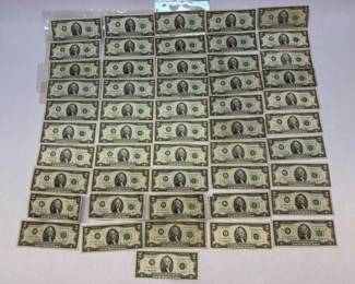 Bulk Lot of 51 Vintage $2 Bills Series 1976 Green Seal Federal Reserve Notes Crisp Circulated