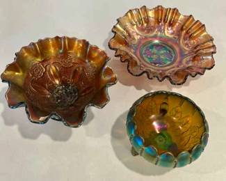 3 Vintage Carnival Glass Bowls Iridescent Patterns Unique Footed Designs