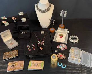 Vintage Costume Jewelry Brooches, Earrings, Beaded Cases Designer Pieces