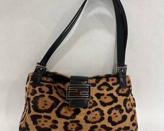 AUTHENTIC Fendi Baguette Shoulder Bag Pony Hair Leopard Print with Black Leather Strap