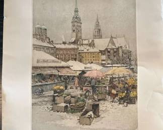 Vintage HandColored Etching of Munich Viktualienmarkt Signed by Rosenkranz