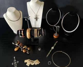 Mixed Media Jewelry Lot Bold Vintage Styles, Artisan Crosses, Statement Bracelets Necklaces