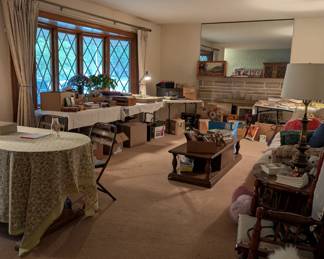 Livingroom sofa and tables, king Arthur rocker, dining hutch