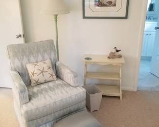 Gracious arm chair; floor lamp; accent table; footstool