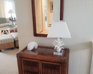 Ethan Allen glass top cabinet & matching mirror; coral table lamp