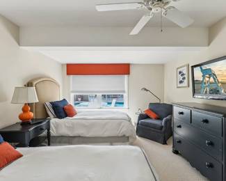 Bedroom suite by Stanley Furniture: twin beds with upholstered headboards; nightstand; 4-drawer dresser