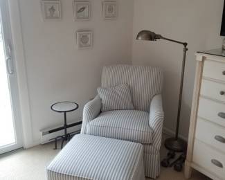 Armchair and matching ottoman by Ethan Allen; accent table; floor lamp