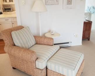 Seagrass chair with matching ottoman; floor lamp; accent table
