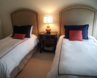 Bedroom suite by Stanley Furniture: twin beds with upholstered headboards; nightstand; 4-drawer dresser