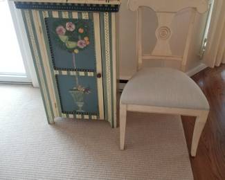Ethan Allen dining chair detail; painted accent cabinet