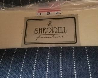 Blue & white pinstripe upholstered chair by Sherrill: upholstery detail