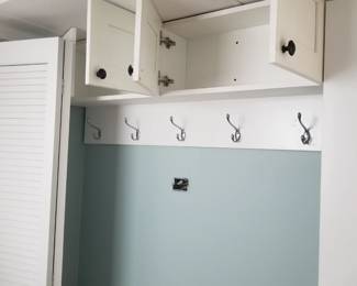 Laundry cabinets; coat hooks