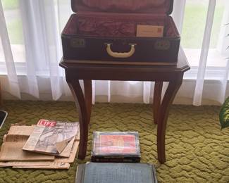 Vintage End Tables (Pair) and Vintage Newspapers and Books