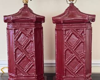 Pair Of Red Pagoda Style Canisters Used As Table Lamps