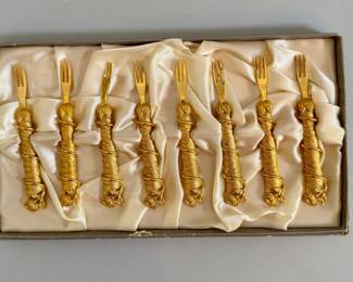 Janis Collection 24 Karat Gold Plated Cocktail Forks (8) In Original Box